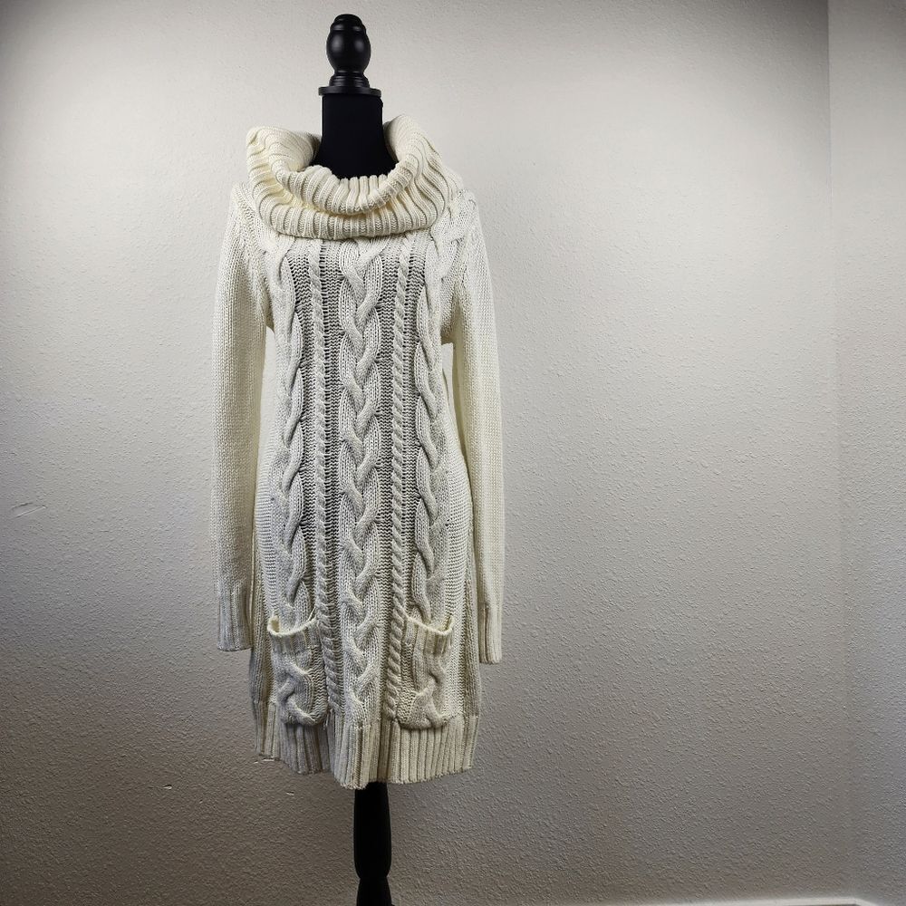 Venus Cream Cable Knit Cowl Neck Sweater Dress Women’s Medium Pockets Cozy Fall